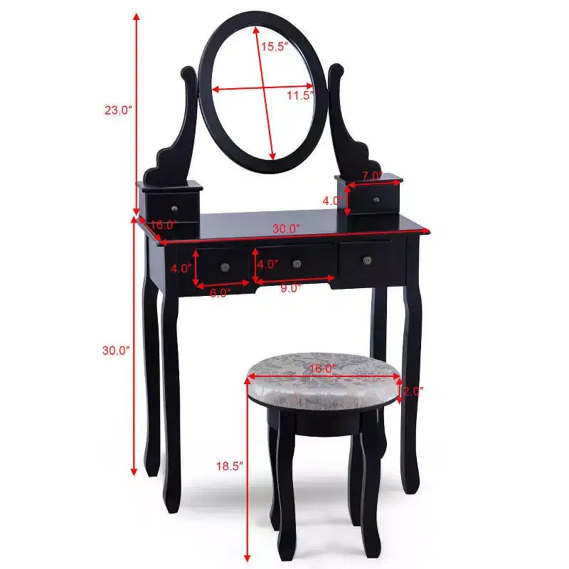 Costway Vanity Table Makeup Table Cushioned Mirror 5 Drawers Black