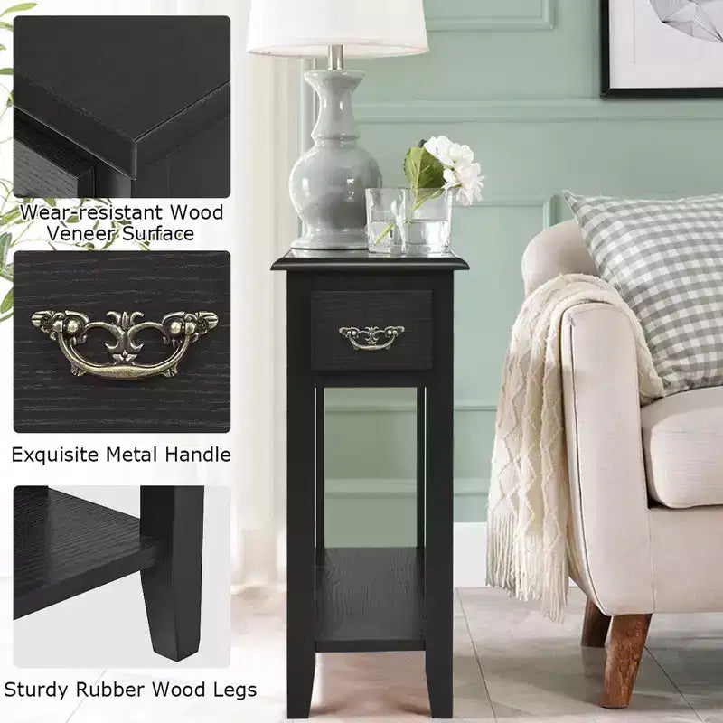Costway 2 Tier End Bedside Sofa Side Table Narrow Nightstand w/Drawer &Shelf Black