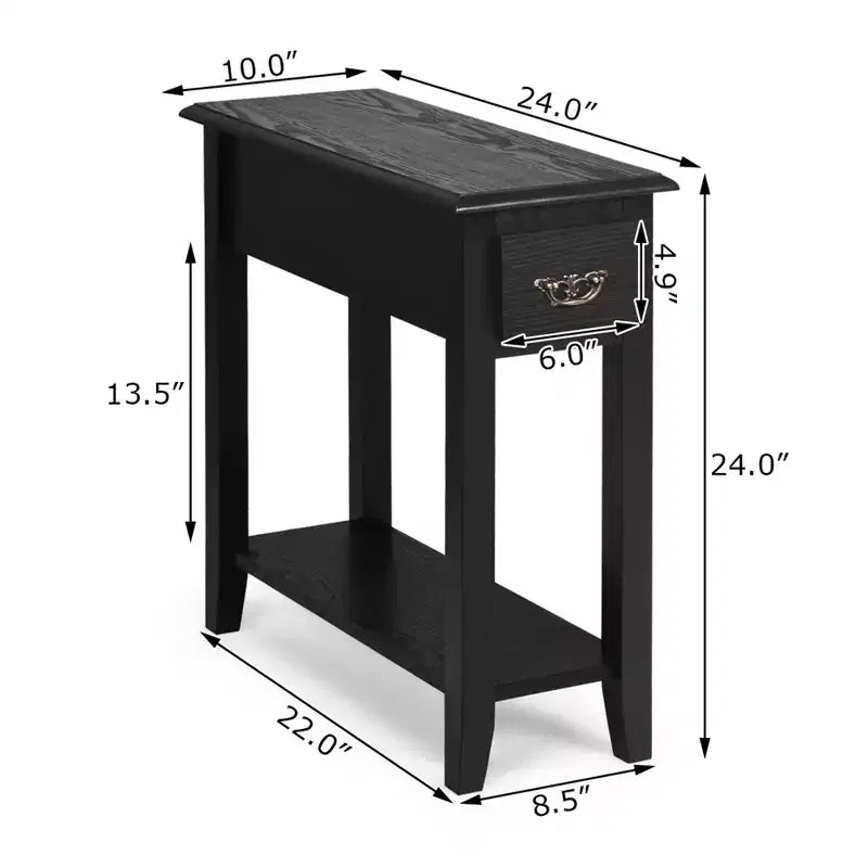 Costway 2 Tier End Bedside Sofa Side Table Narrow Nightstand w/Drawer &Shelf Black