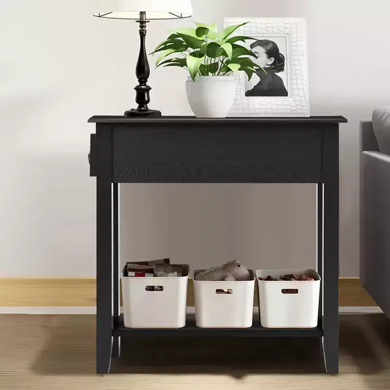 Costway 2 Tier End Bedside Sofa Side Table Narrow Nightstand w/Drawer &Shelf Black