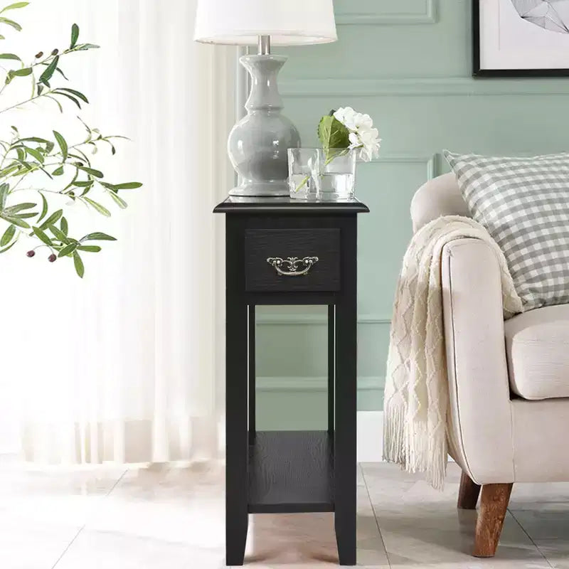 Costway 2 Tier End Bedside Sofa Side Table Narrow Nightstand w/Drawer &Shelf Black