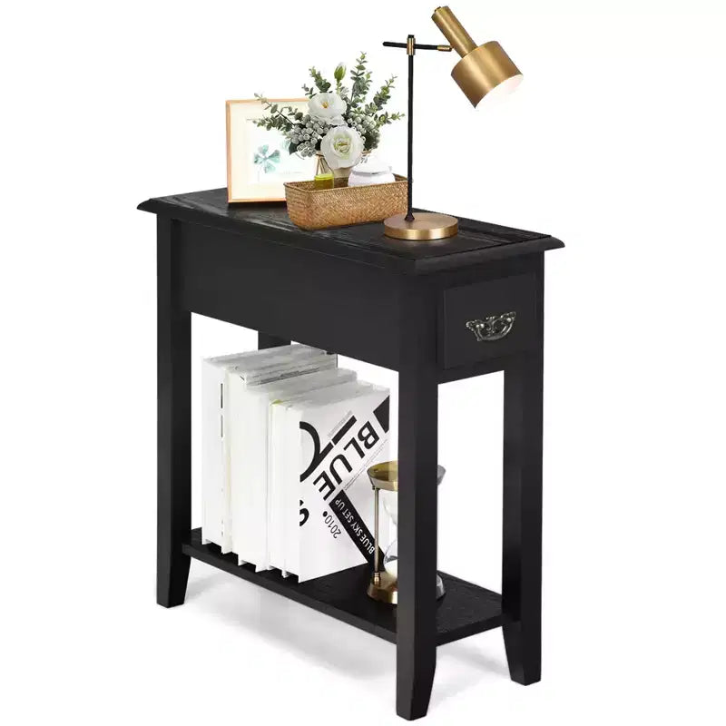 Costway 2 Tier End Bedside Sofa Side Table Narrow Nightstand w/Drawer &Shelf Black