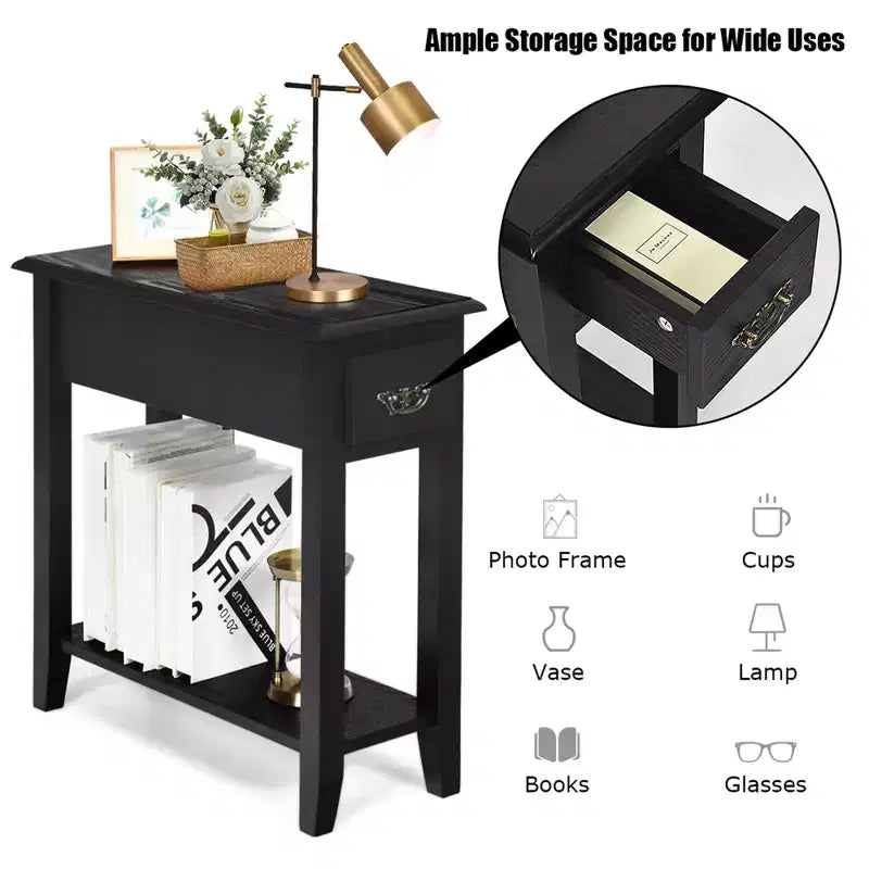 Costway 2 Tier End Bedside Sofa Side Table Narrow Nightstand w/Drawer &Shelf Black