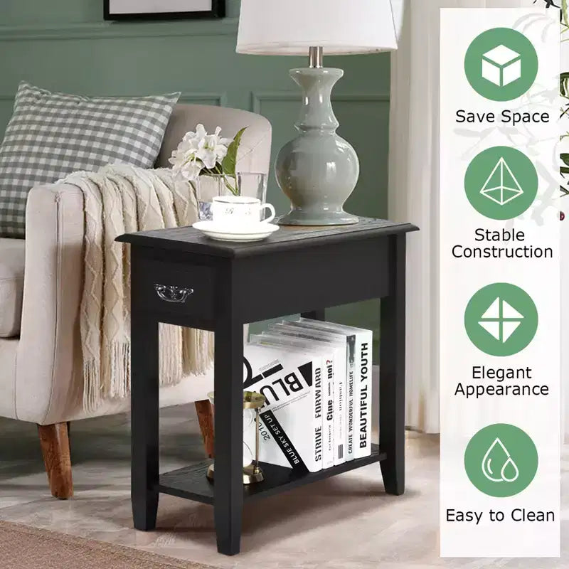 Costway 2 Tier End Bedside Sofa Side Table Narrow Nightstand w/Drawer &Shelf Black