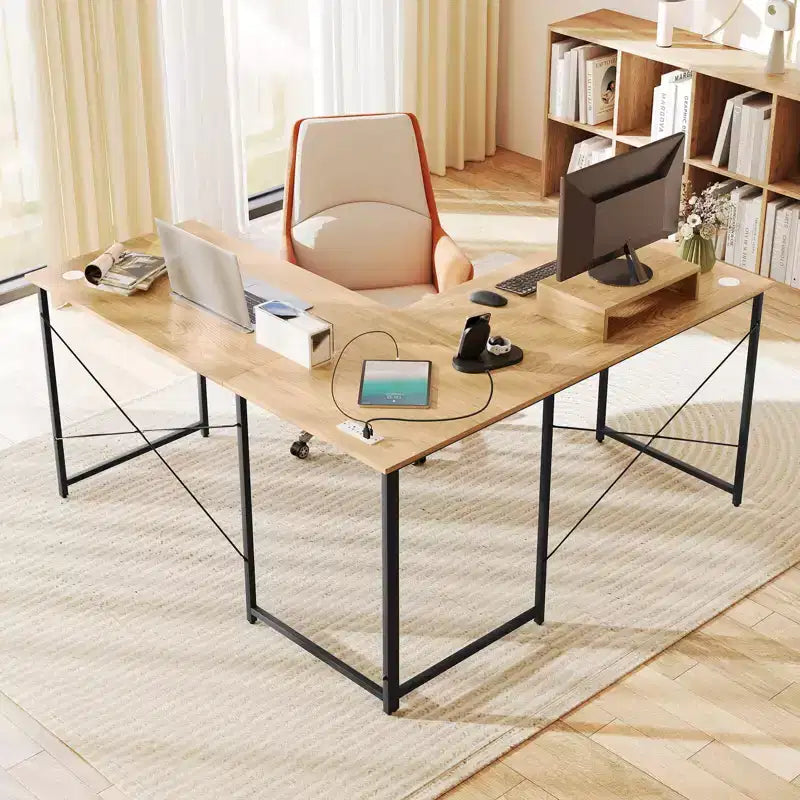 Costway L-Shaped Reversible Computer Desk 2-Person Long Table w/Monitor Stand