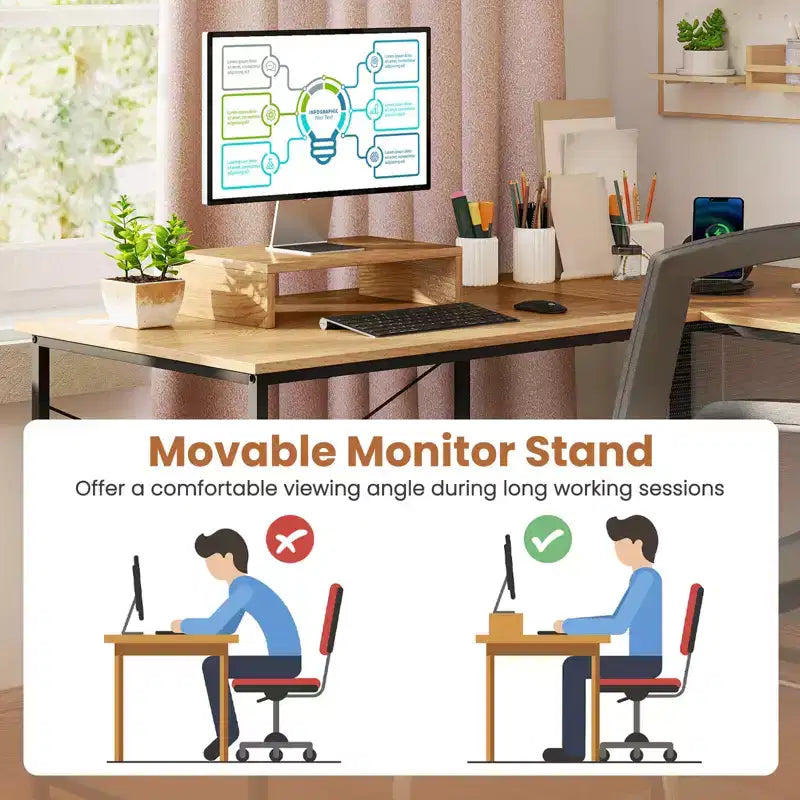 Costway L-Shaped Reversible Computer Desk 2-Person Long Table w/Monitor Stand