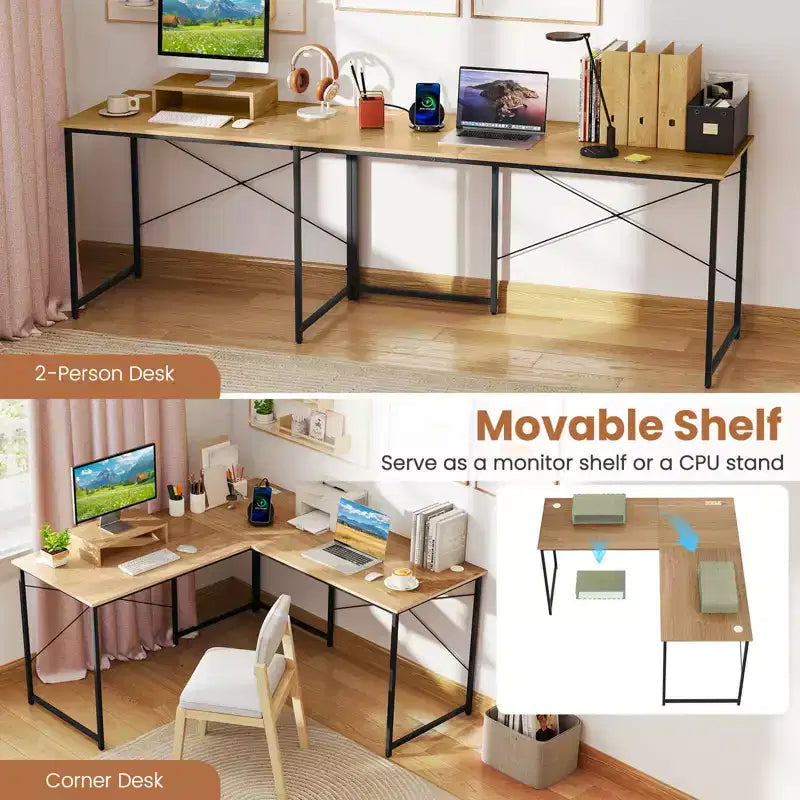Costway L-Shaped Reversible Computer Desk 2-Person Long Table w/Monitor Stand
