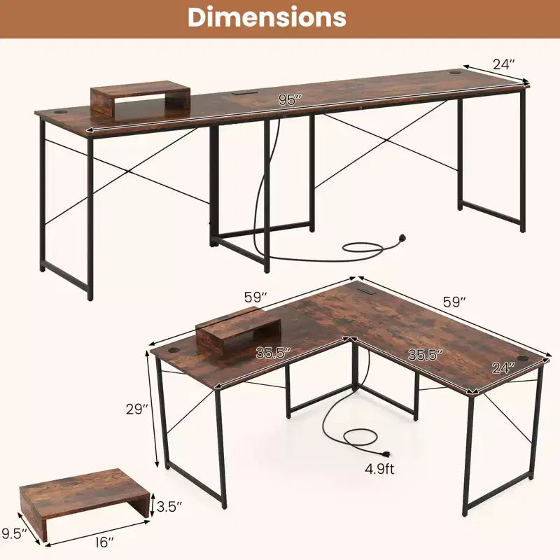 Costway L-Shaped Reversible Computer Desk 2-Person Long Table w/Monitor Stand
