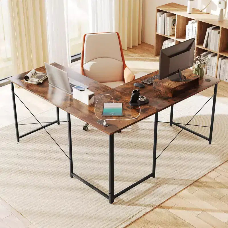 Costway L-Shaped Reversible Computer Desk 2-Person Long Table w/Monitor Stand