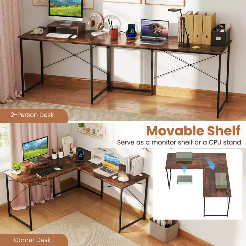 Costway L-Shaped Reversible Computer Desk 2-Person Long Table w/Monitor Stand