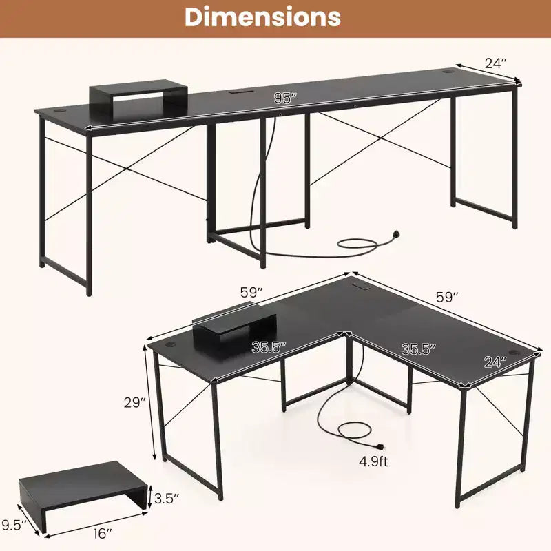 Costway L-Shaped Reversible Computer Desk 2-Person Long Table w/Monitor Stand