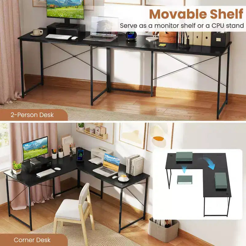Costway L-Shaped Reversible Computer Desk 2-Person Long Table w/Monitor Stand