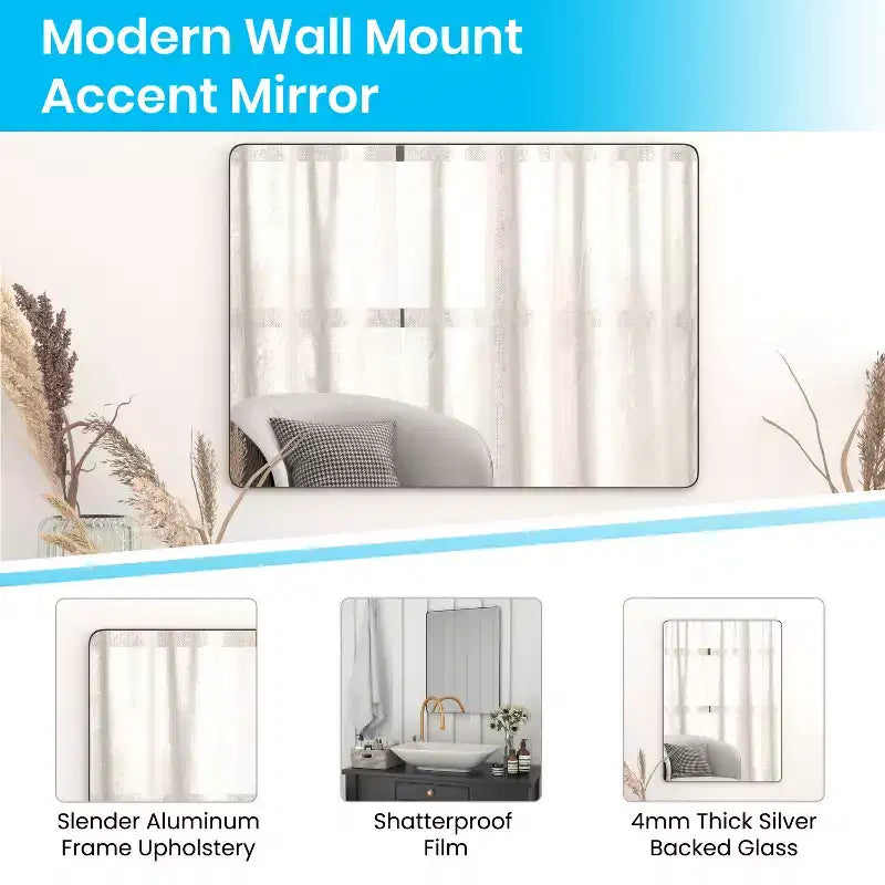 Merrick Lane Hanging Mirror Modern Metal Frame Bordered Wall Mount Mirror with Rounded Corners