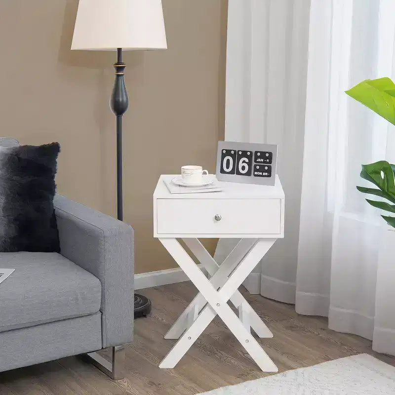 Costway Side Nightstand with Drawer x Shaped Structure Accent Sofa End Table White\Black