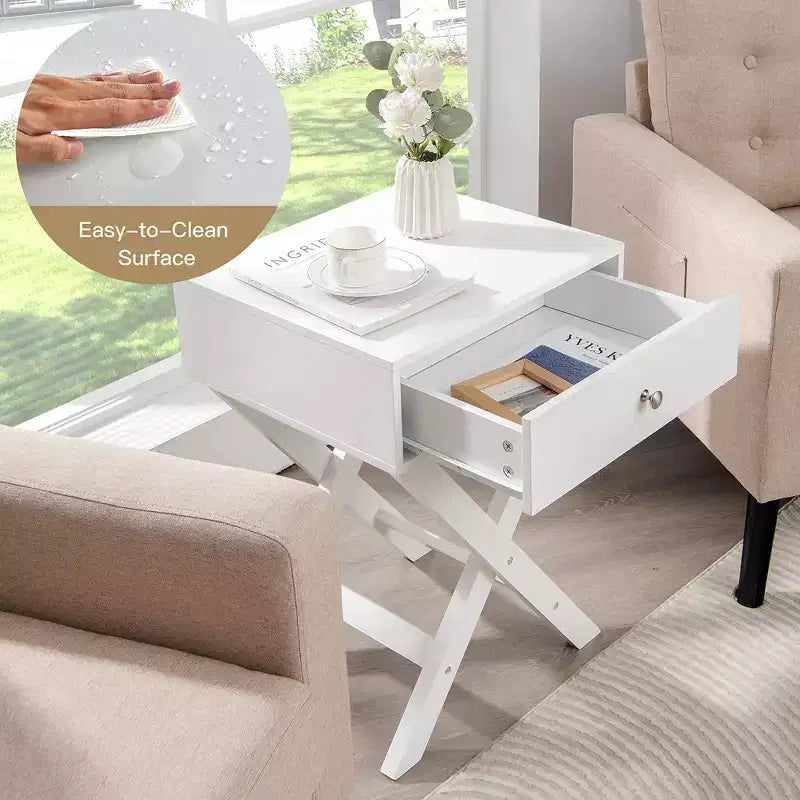 Costway Side Nightstand with Drawer x Shaped Structure Accent Sofa End Table White\Black