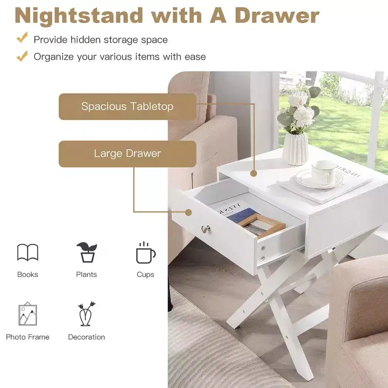 Costway Side Nightstand with Drawer x Shaped Structure Accent Sofa End Table White\Black