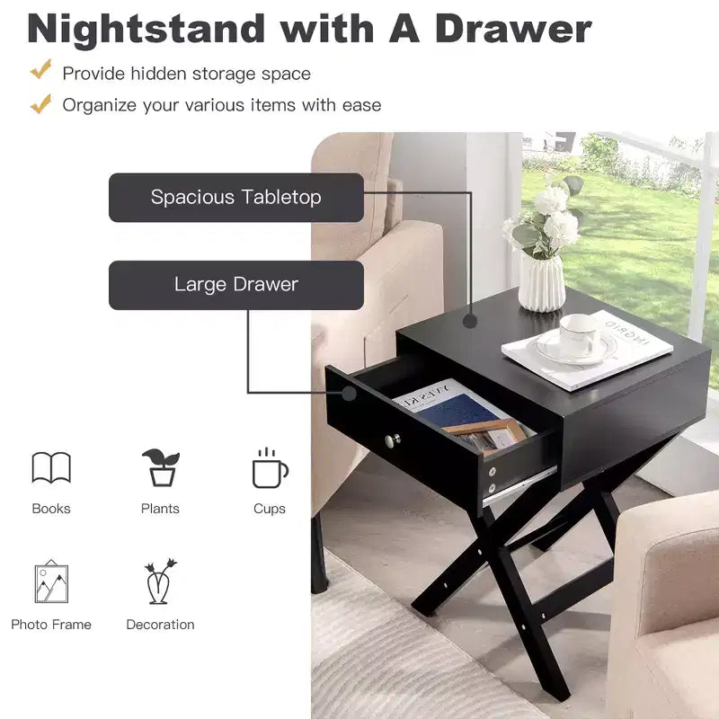 Costway Side Nightstand with Drawer x Shaped Structure Accent Sofa End Table White\Black