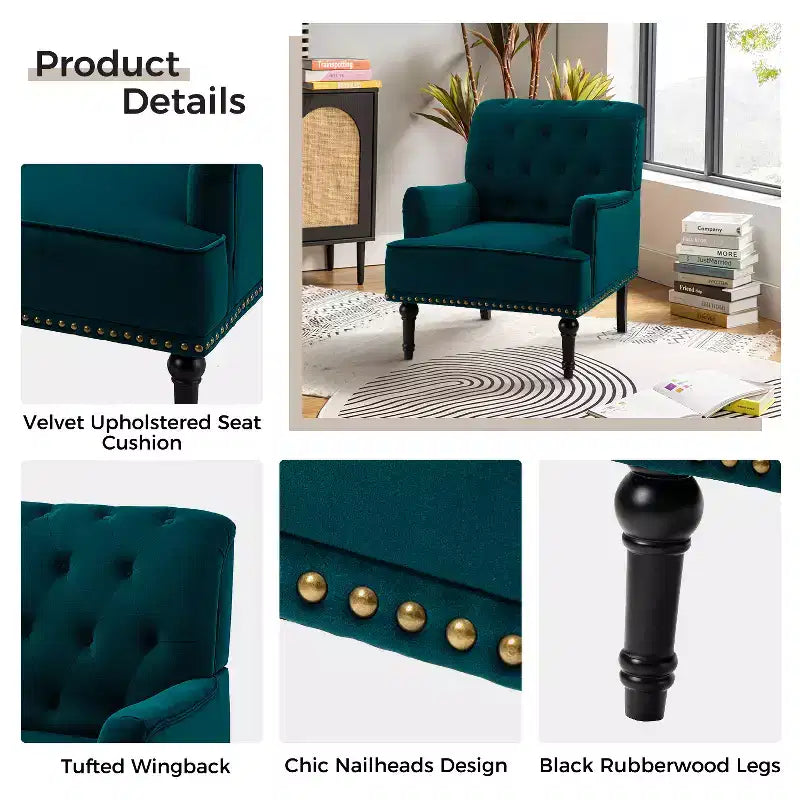 Bonifacio Contemporary Velvet button-tufted back Armchair with Nailhead Trim | Karat Home