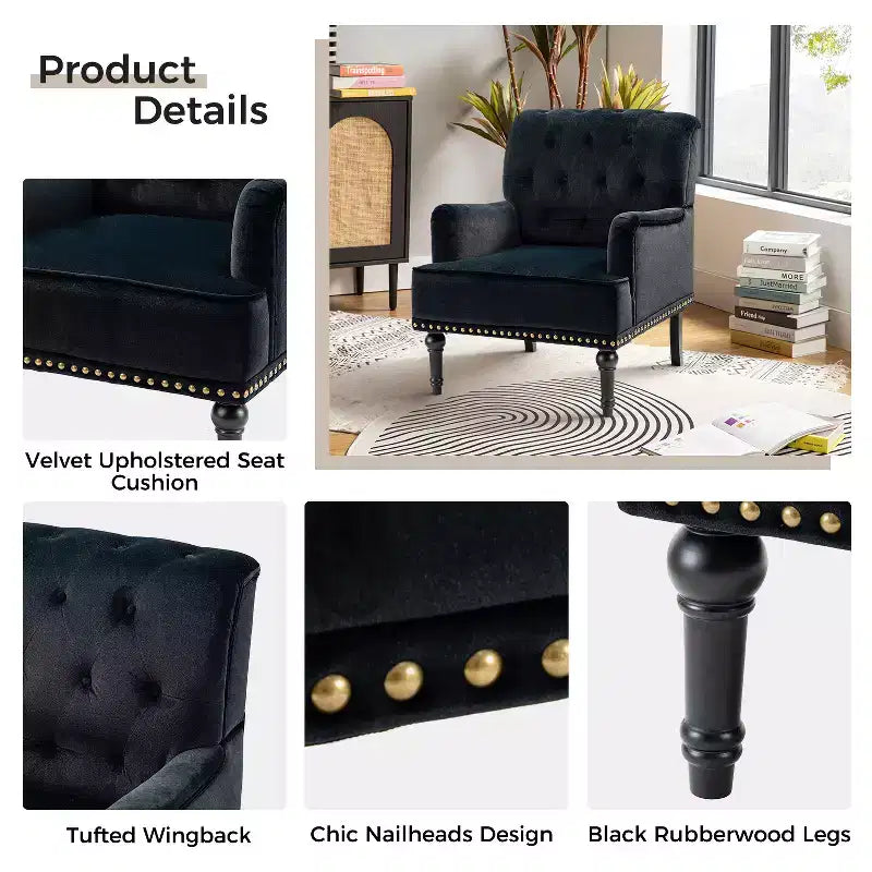 Bonifacio Contemporary Velvet button-tufted back Armchair with Nailhead Trim | Karat Home