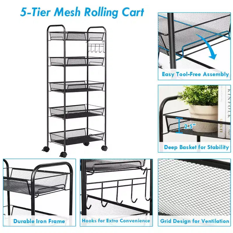 Costway 5 Tier Mesh Rolling File Utility Cart Storage Basket Home Office Kitchen Black
