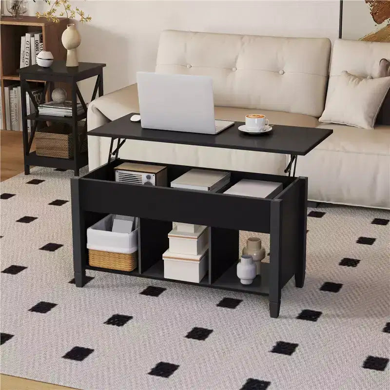 Yaheetech Lift Top Coffee Table With Hidden Compartment & 3 Cube Open Shelves For Living Room, Reception Room, Office