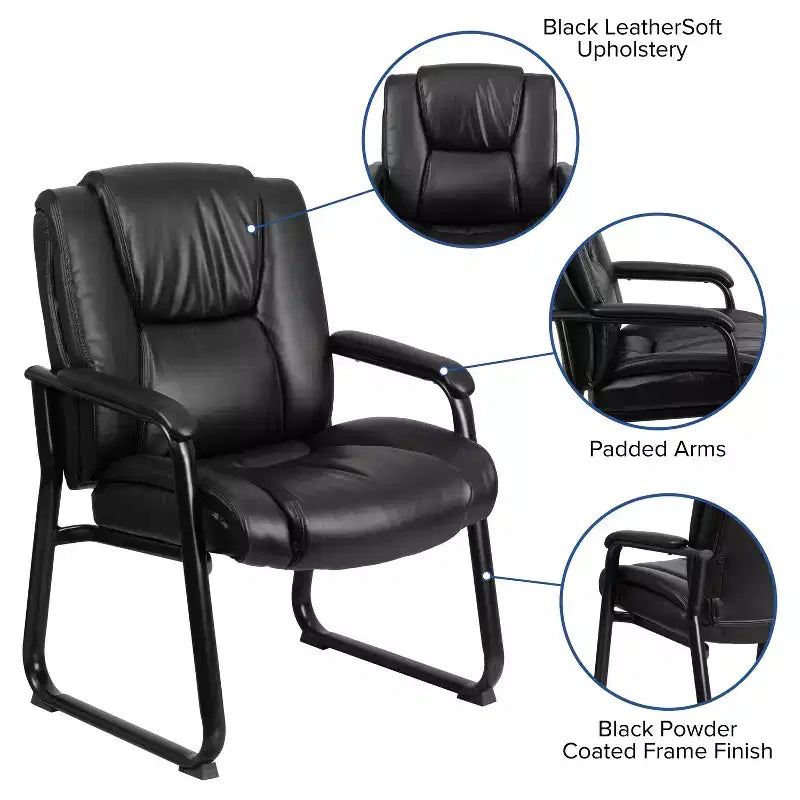 Emma and Oliver 500 lb. Big & Tall Black LeatherSoft Tufted Side Chair with Sled Base