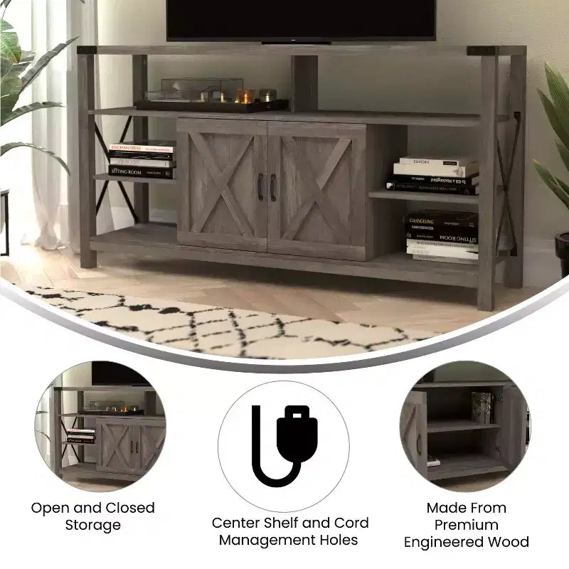 Flash Furniture Wyatt 60 Modern Farmhouse Tall TV Console Cabinet with Storage Cabinets and Shelves for TV's up to 60