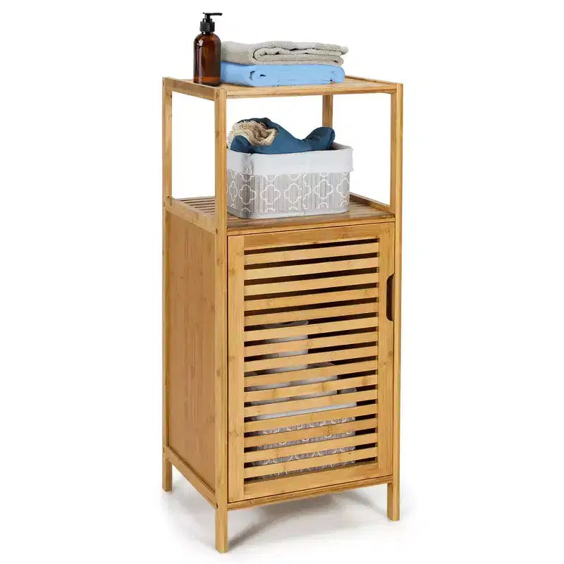 Costway Bamboo Bathroom Storage Floor Cabinet w/Door and Shelf Corner Cabinet