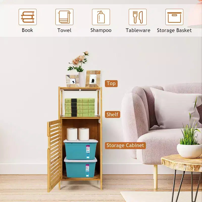 Costway Bamboo Bathroom Storage Floor Cabinet w/Door and Shelf Corner Cabinet