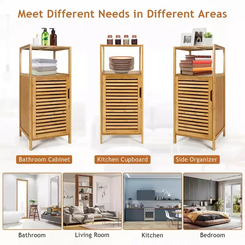 Costway Bamboo Bathroom Storage Floor Cabinet w/Door and Shelf Corner Cabinet