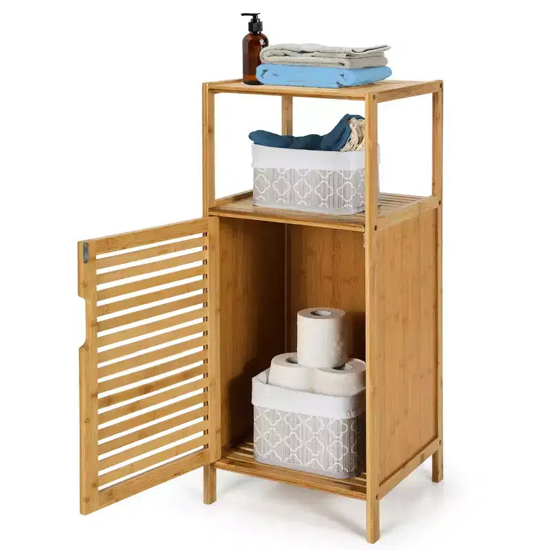 Costway Bamboo Bathroom Storage Floor Cabinet w/Door and Shelf Corner Cabinet