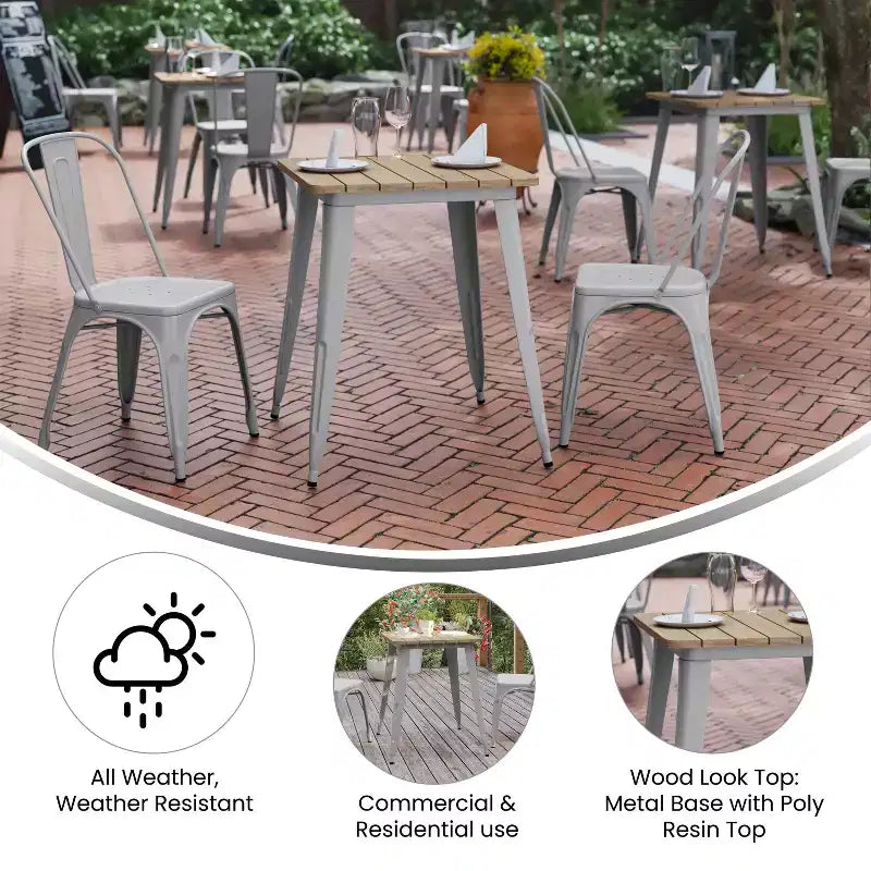 Emma and Oliver Indoor/Outdoor Dining Table, 23.75 Square All Weather Poly Resin Top with Steel Base