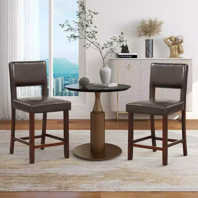 Costway Set of 2 Upholstered Linen Bar Stools 24.5'' Wooden Dining Chairs with Back Beige/Brown
