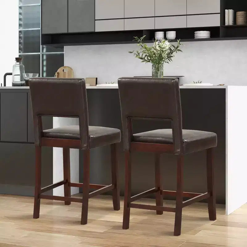 Costway Set of 2 Upholstered Linen Bar Stools 24.5'' Wooden Dining Chairs with Back Beige/Brown