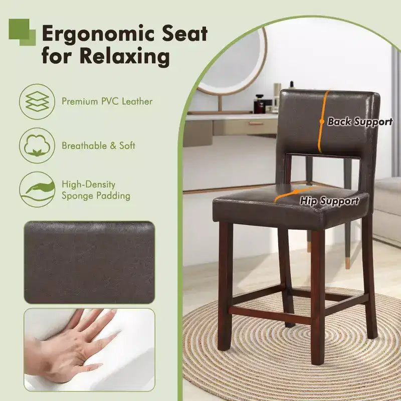 Costway Set of 2 Upholstered Linen Bar Stools 24.5'' Wooden Dining Chairs with Back Beige/Brown
