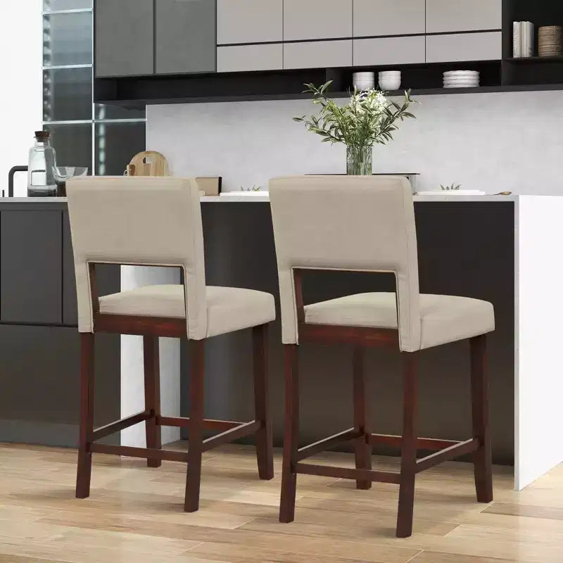 Costway Set of 2 Upholstered Linen Bar Stools 24.5'' Wooden Dining Chairs with Back Beige/Brown