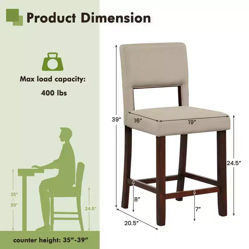 Costway Set of 2 Upholstered Linen Bar Stools 24.5'' Wooden Dining Chairs with Back Beige/Brown
