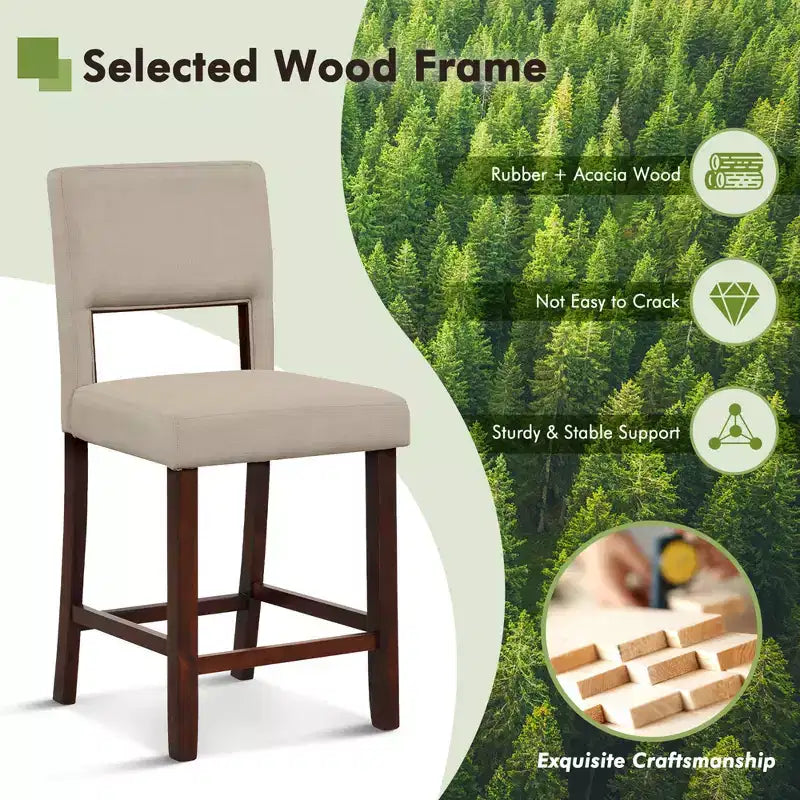 Costway Set of 2 Upholstered Linen Bar Stools 24.5'' Wooden Dining Chairs with Back Beige/Brown