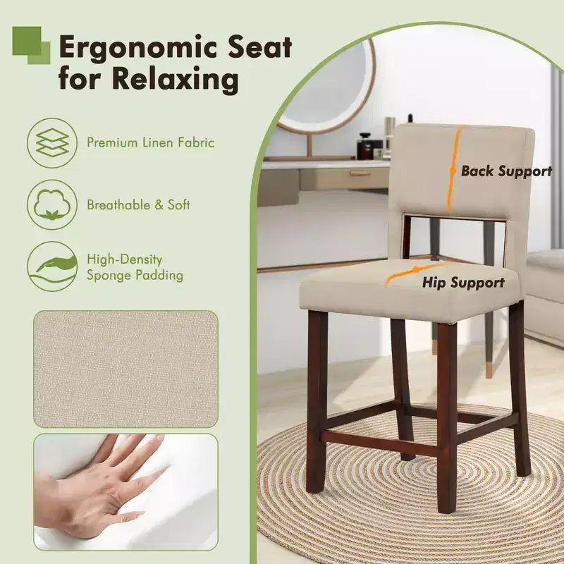 Costway Set of 2 Upholstered Linen Bar Stools 24.5'' Wooden Dining Chairs with Back Beige/Brown