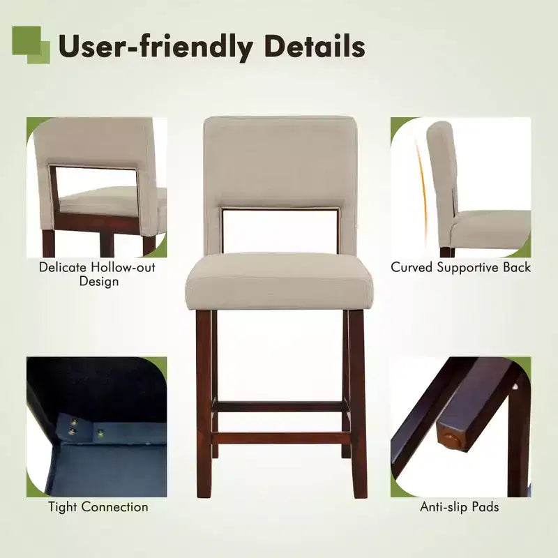 Costway Set of 2 Upholstered Linen Bar Stools 24.5'' Wooden Dining Chairs with Back Beige/Brown