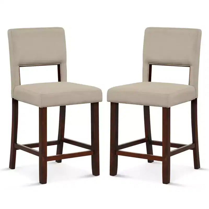 Costway Set of 2 Upholstered Linen Bar Stools 24.5'' Wooden Dining Chairs with Back Beige/Brown